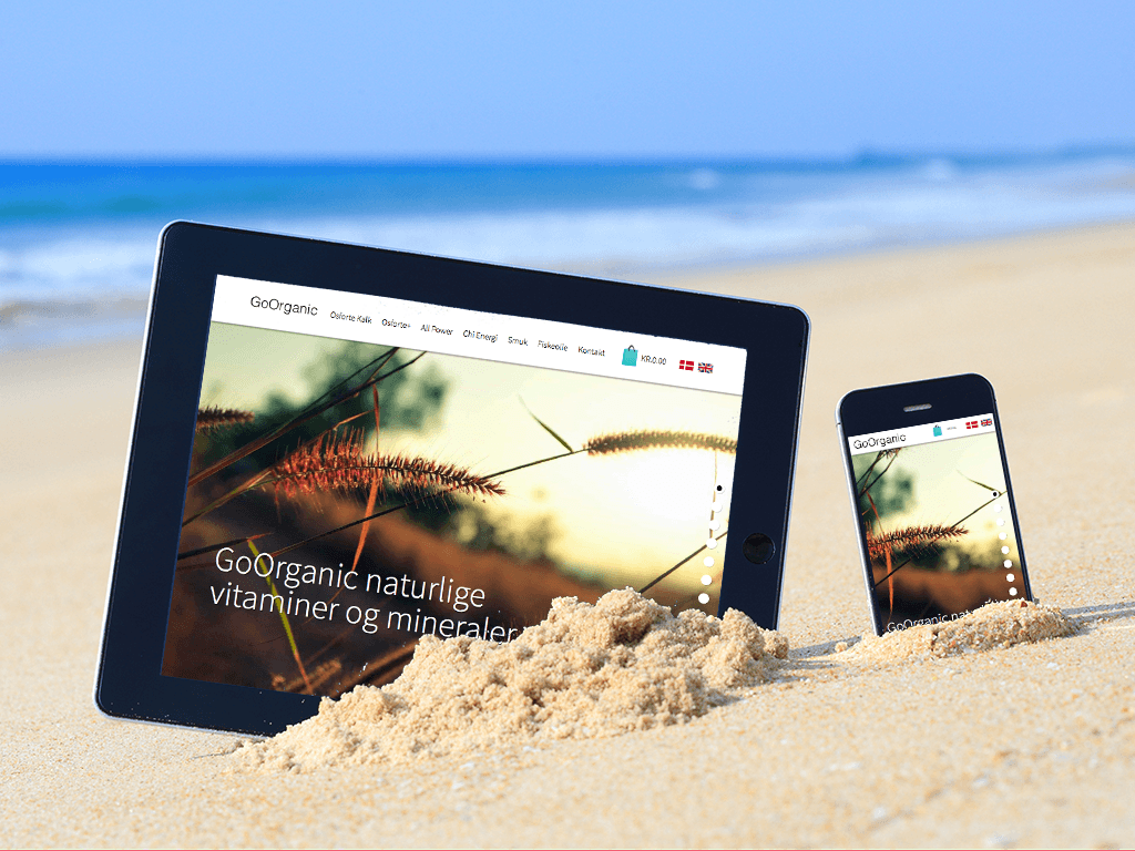 Portfolio case – Mobile first design af responsive eHandel og marketing platform til GoOrganics organiske kosttilskud, målrettet dansk og engelsk-talende.