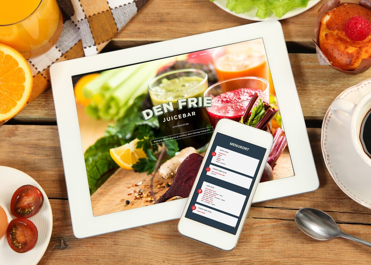 Portfolio case – Pro-bono hjemmeside for slow juicer cafeen Den Frie Juicebar. Menukort og information samt integration af social stream fra Instagram