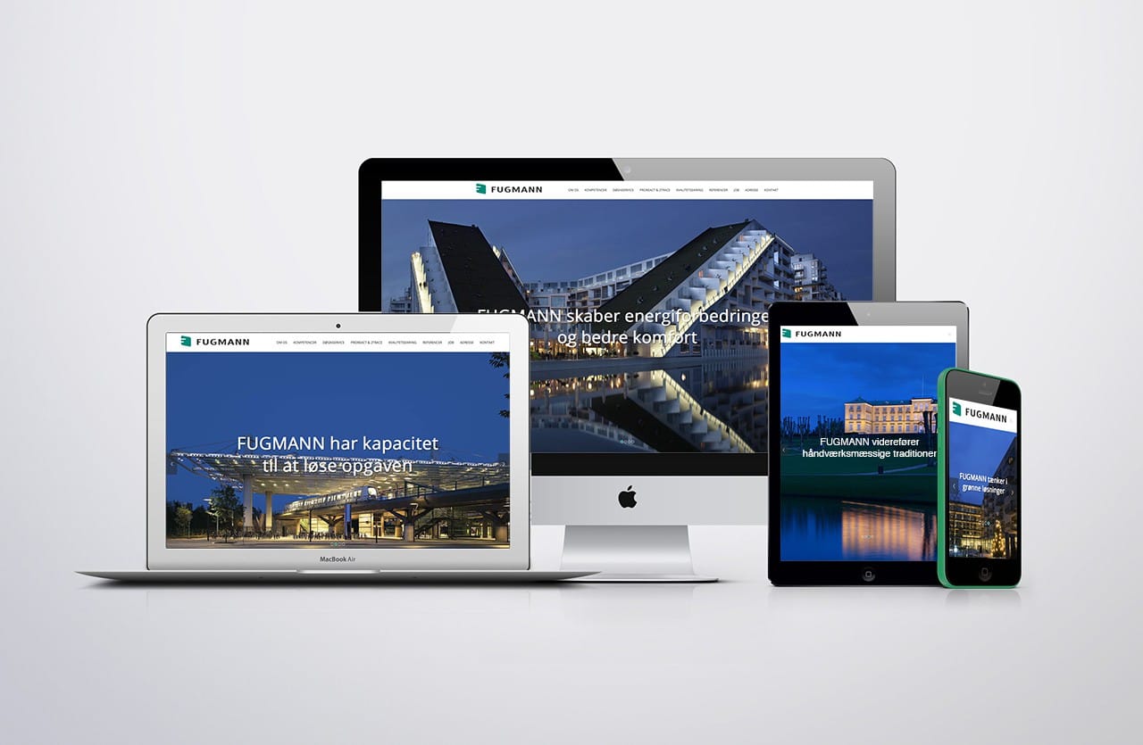 Portfolio case - Responsivt webdesign til elinstallationsvirksomhed Fugmann, Indeholdende facebook feed, video og samt virksomhedens case beskrivelser.