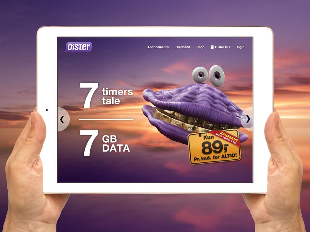 Portfolio case – Digital markedsførings pitch til mobil teleselskabet Oiester. Redesign af landingpage i responsive webdesign vist I adaptive layout.
